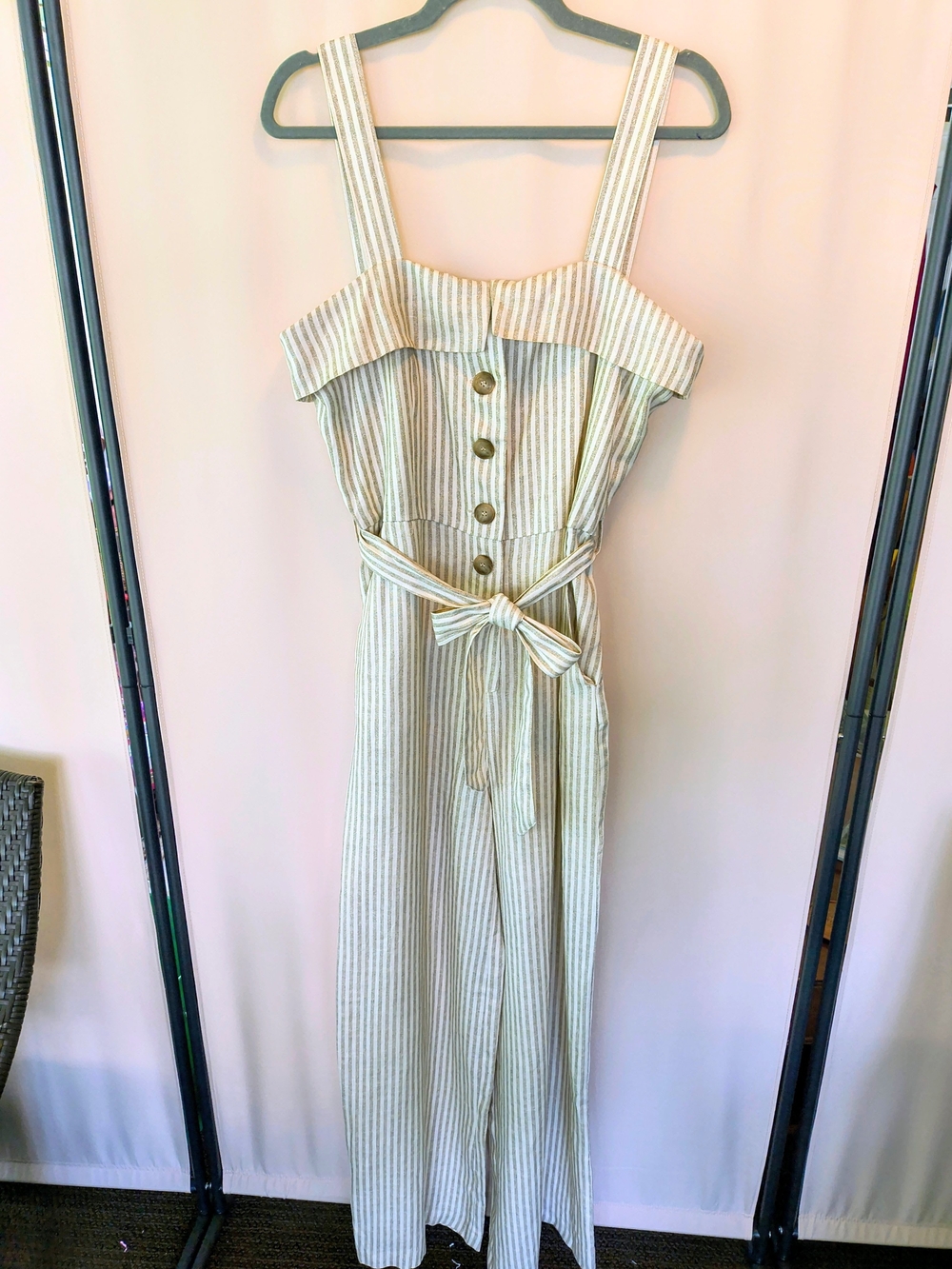 NWOT Mango MNG Casual 100% Linen Khaki & White Ticking Striped Romper Size USA M